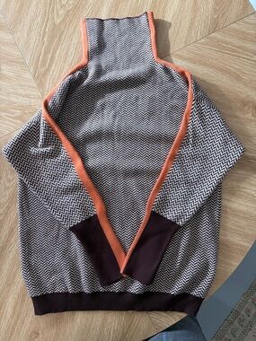 Woven Herringbone Turtleneck Sweater with Orange Trim